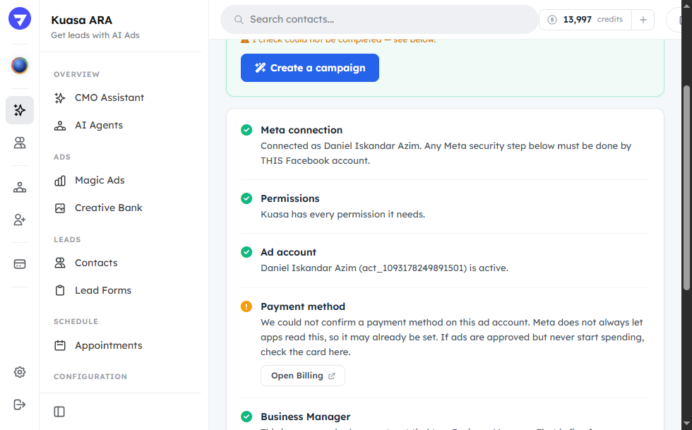 Meta Account Health Check in Kuasa ARA - Kuasa ARA CMO Help