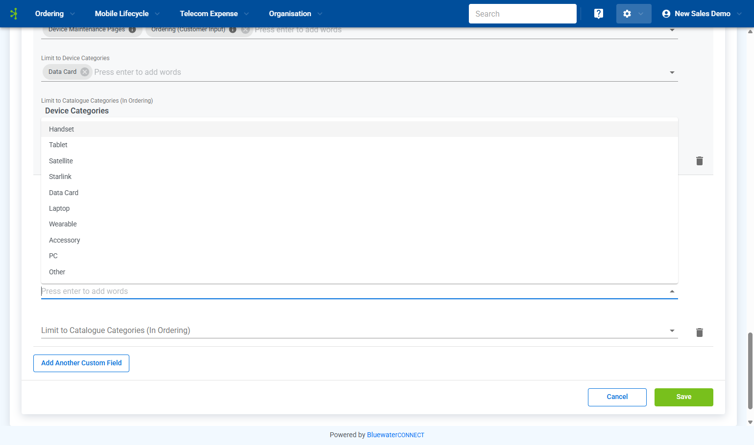 A. Click on ''Limit to Device Categories'' to choose which categories in device management/device profile you wish this field to display (instead of on all)
B. Select Limit to Device Categories