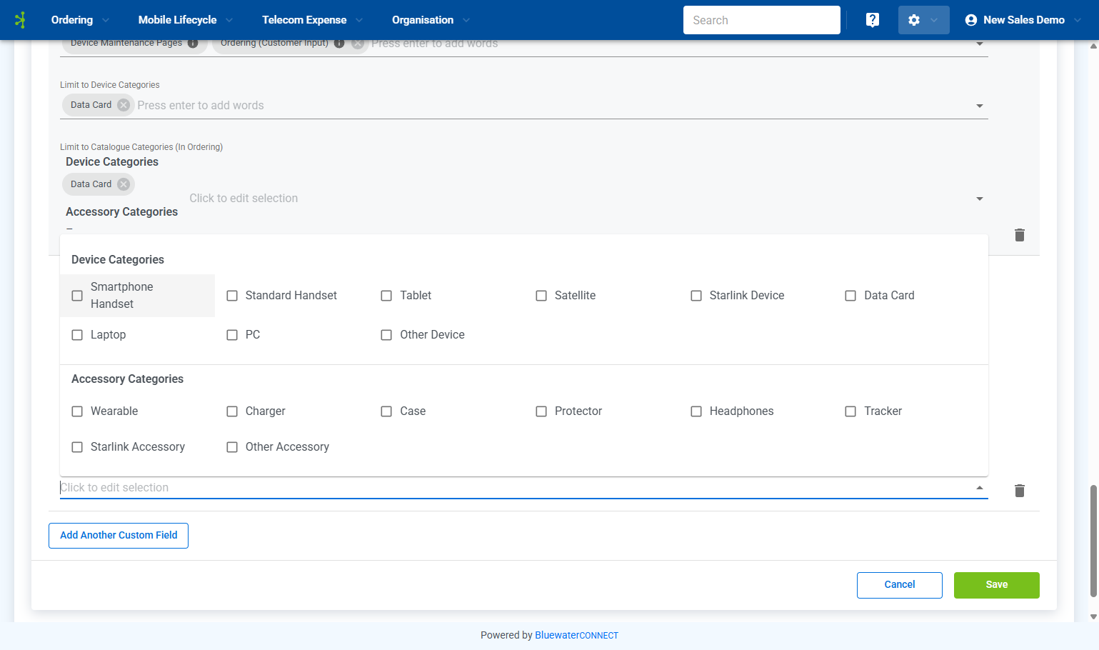 A. Click on ''Limit to Catalogue Categories'' to choose which categories in ordering you wish this field to display (instead of on all)
B. Select Limit to Catalogue Categorie…