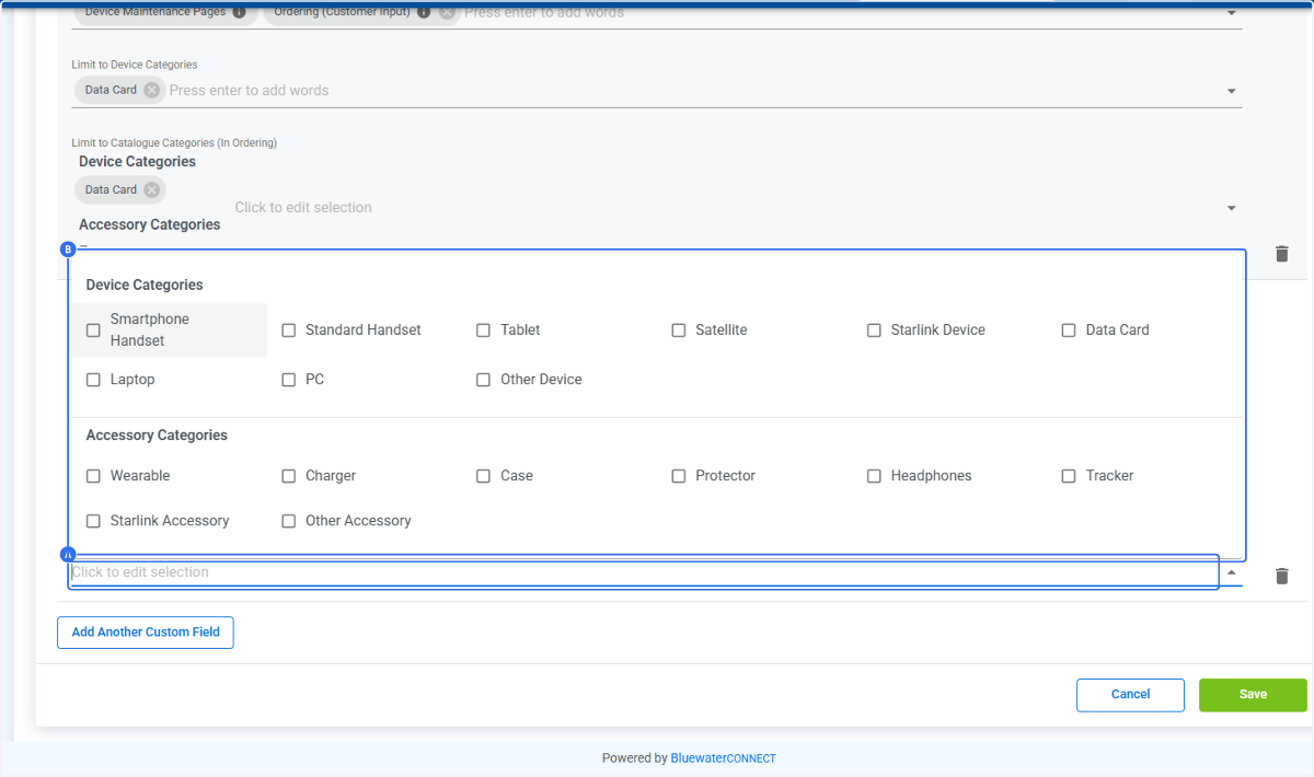 A. Click on ''Limit to Catalogue Categories'' to choose which categories in ordering you wish this field to display (instead of on all)
B. Select Limit to Catalogue Categorie…