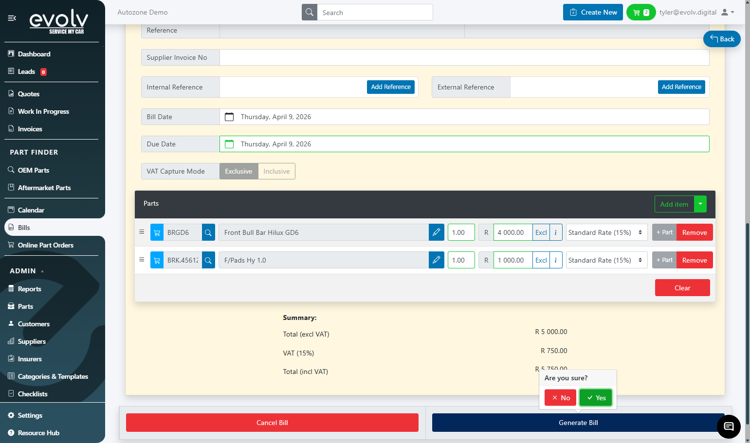 A. Click on Generate Bill
B. Click on Yes