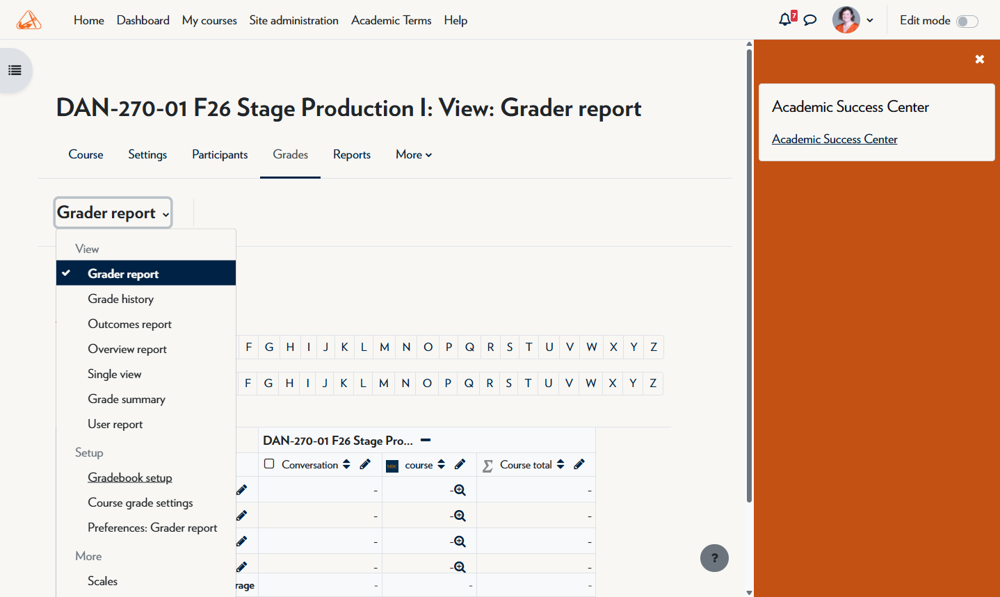Click on Gradebook navigation menu and select Grader Report