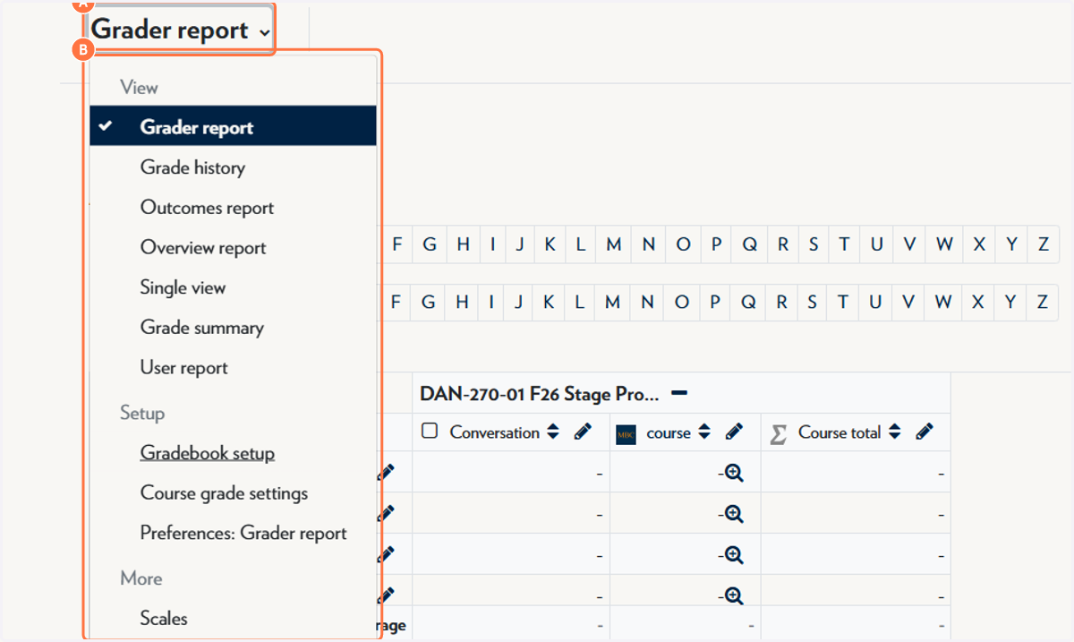 Click on Gradebook navigation menu and select Grader Report