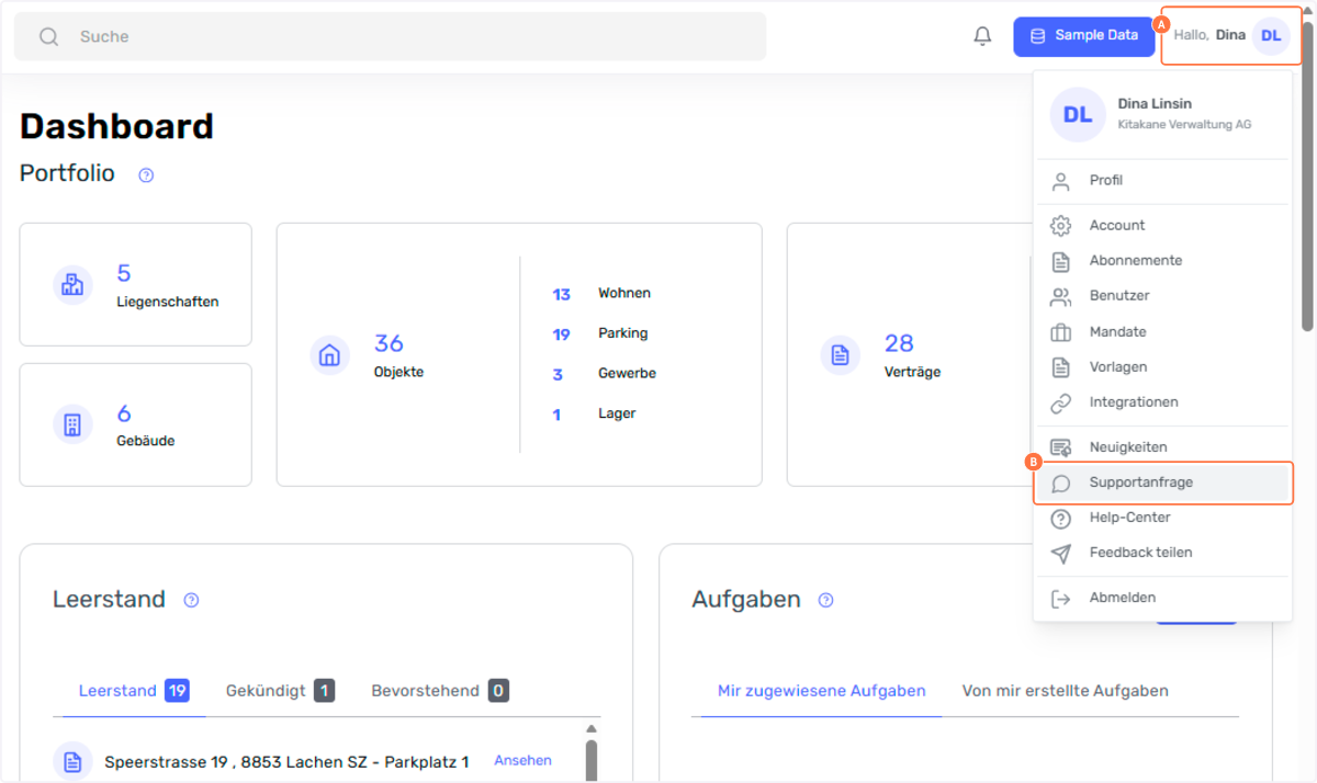 A. Navigation zum Kundenportal
B. Click on Supportanfrage