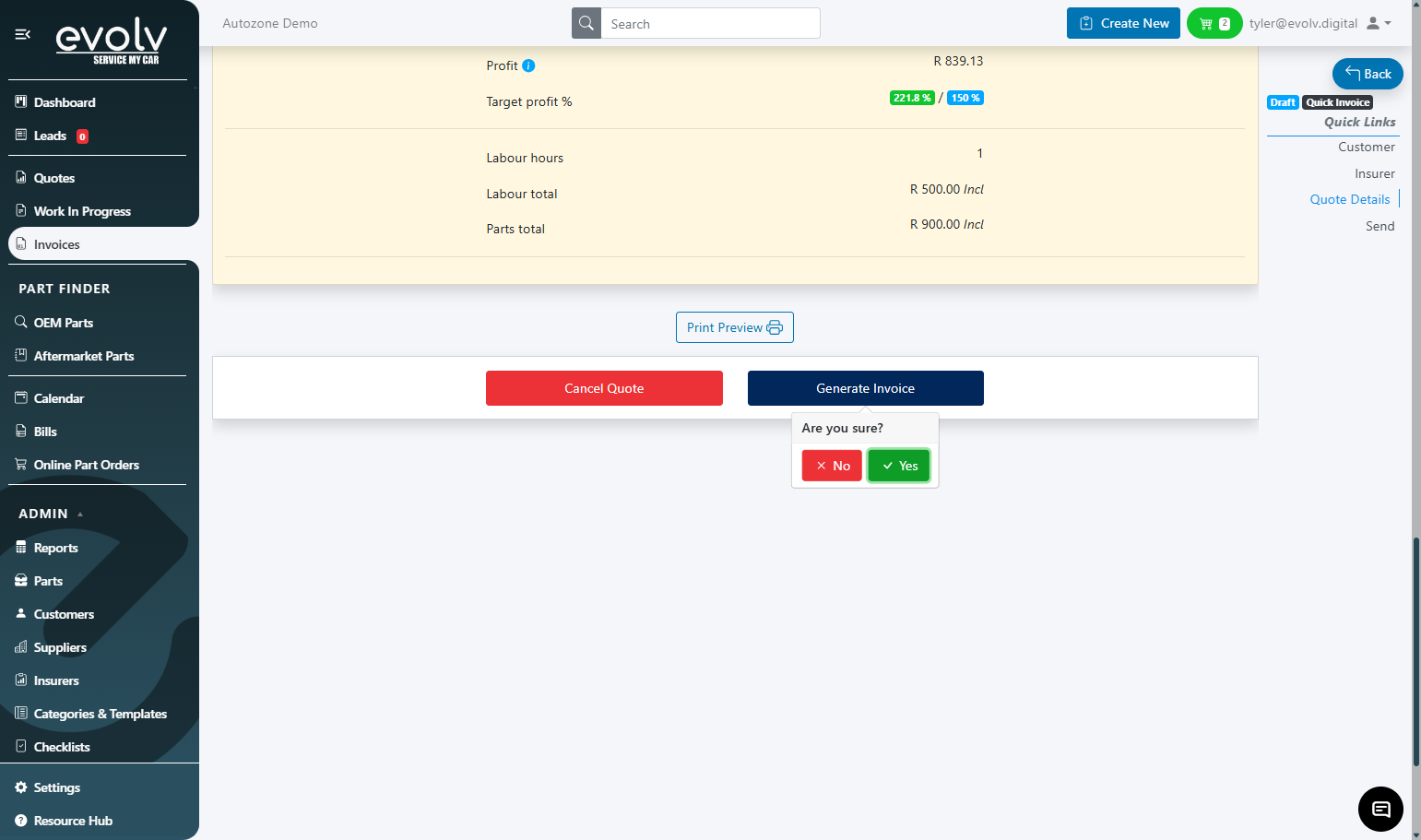 A. Click on Generate Invoice
B. Click on Yes