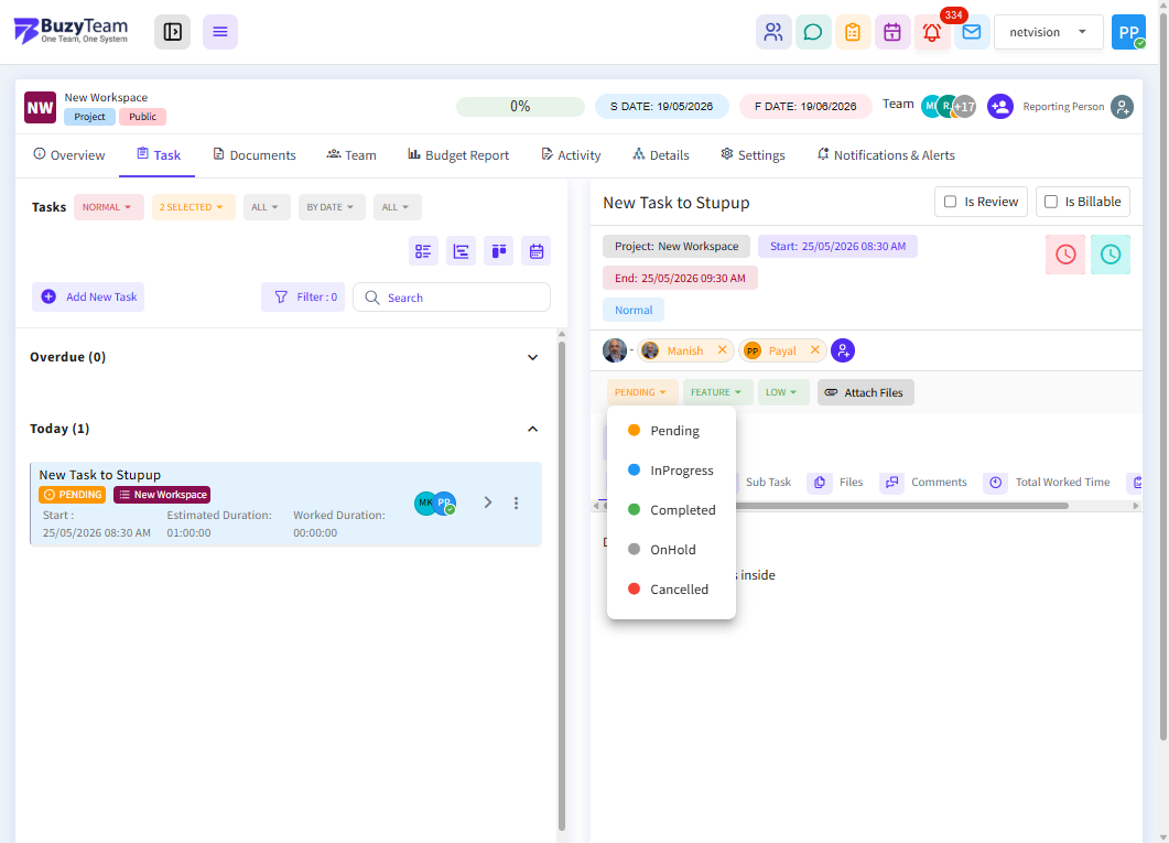 A. Displays the current task progress status.