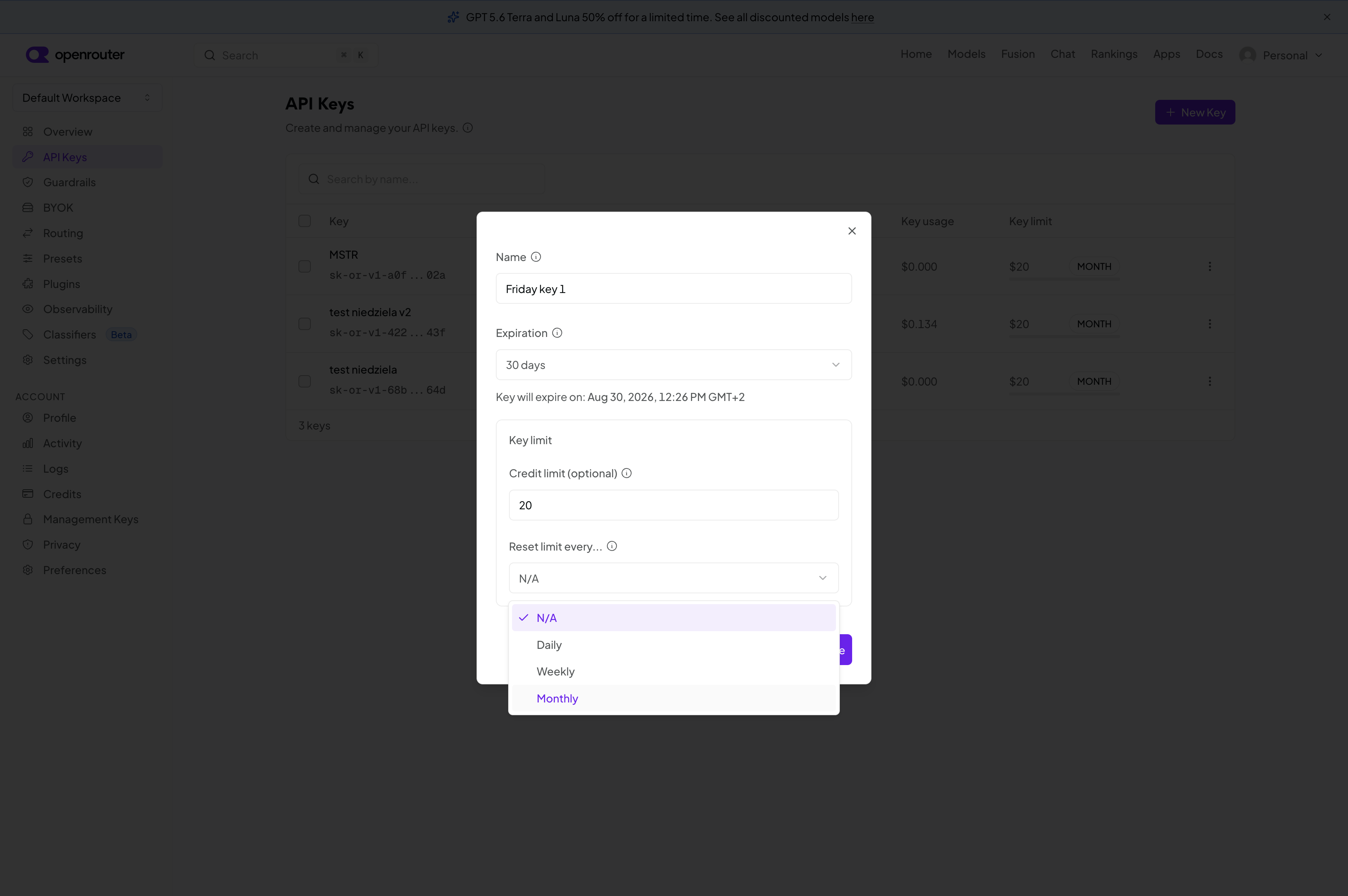Credit limit and reset frequency fields in the new key dialog