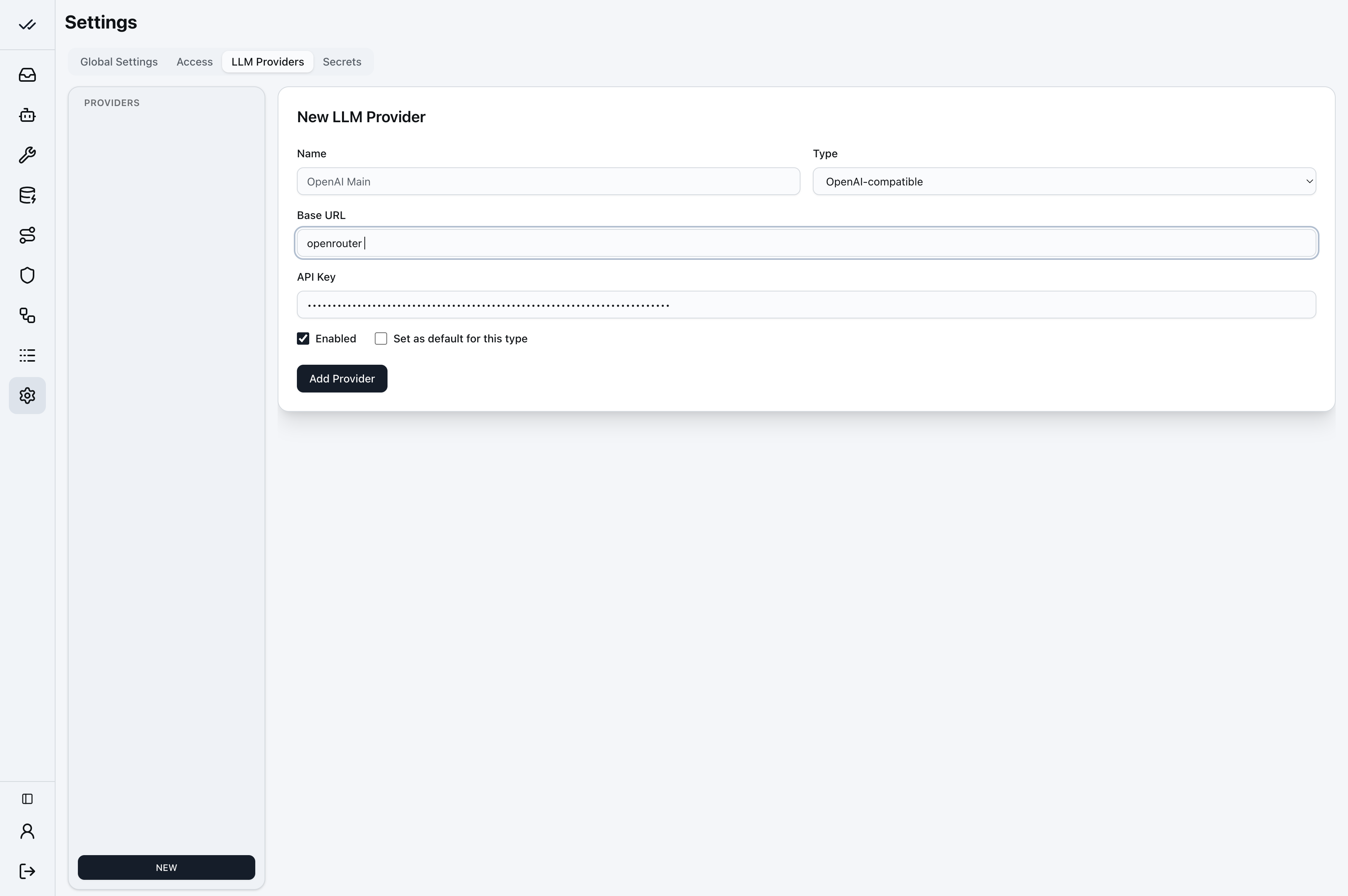 The API key and Base URL fields filled in
