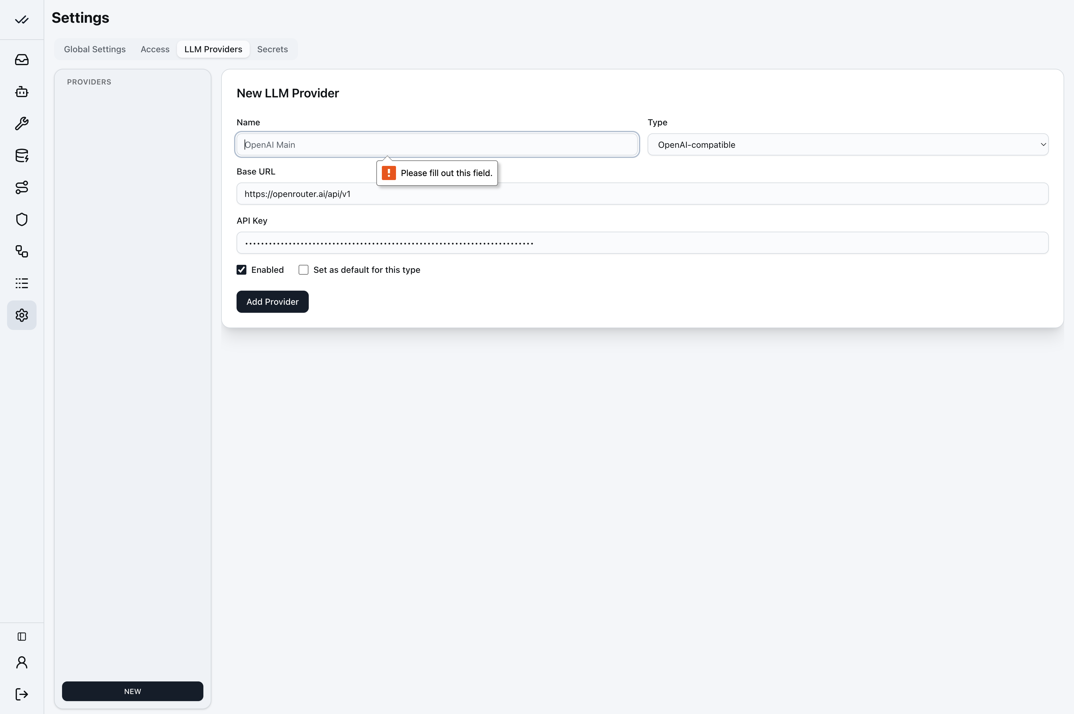 The New LLM Provider form in aamp Settings
