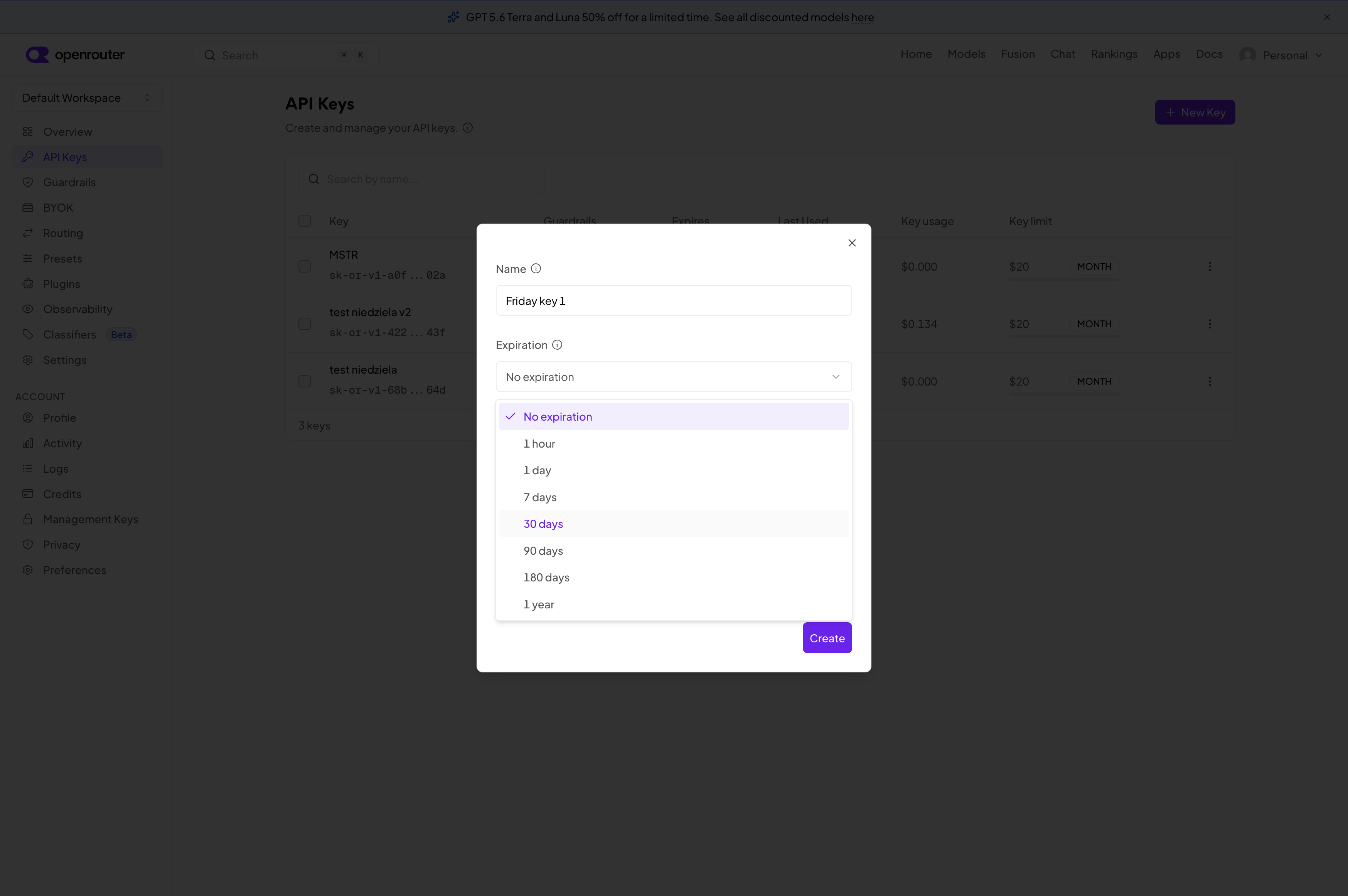 The expiration menu open in the new key dialog