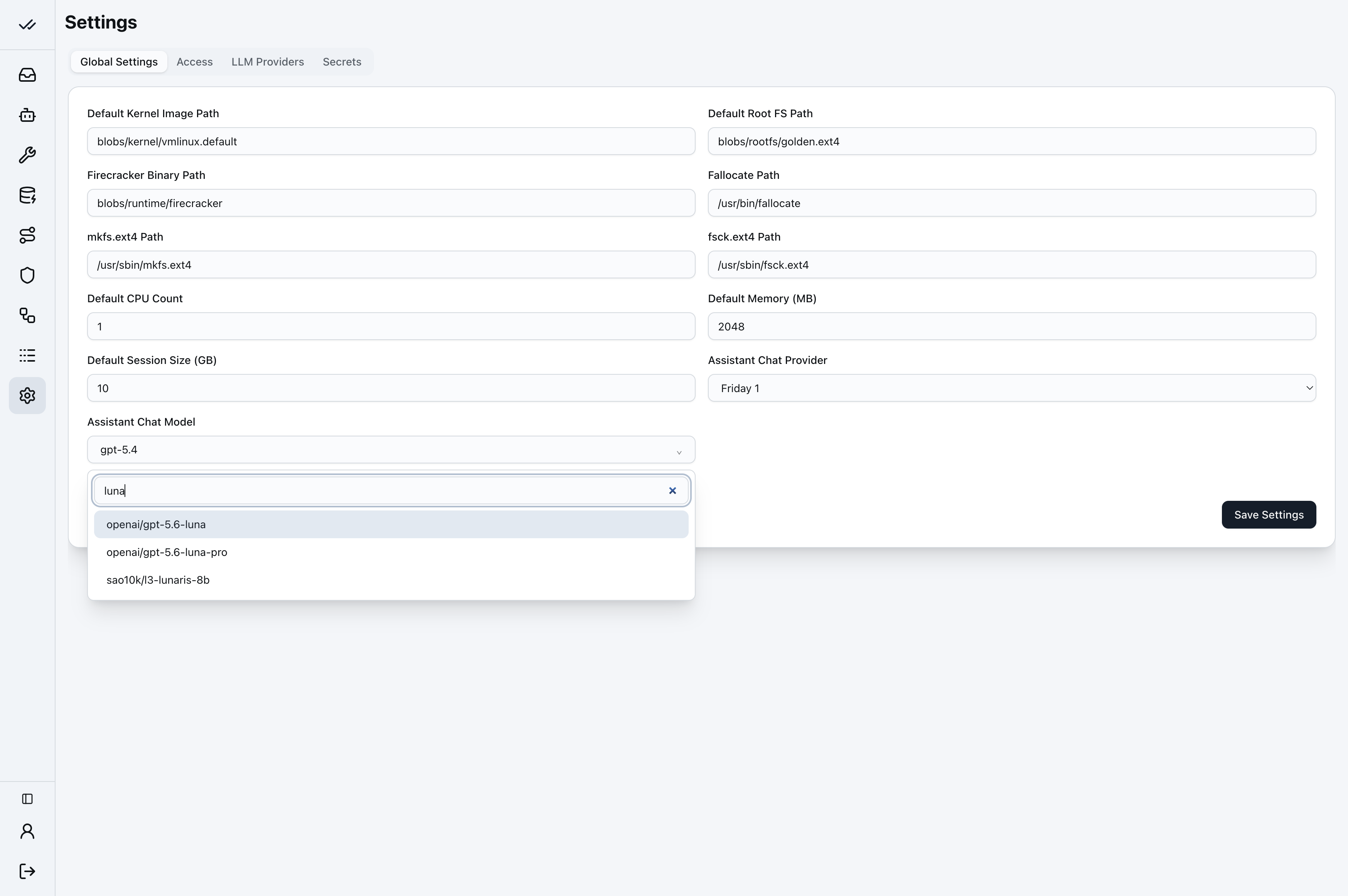 The model dropdown filtered by a search term