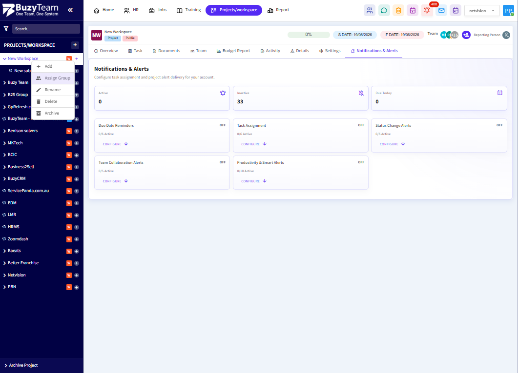 A. Click the workspace action menu to access additional workspace management options.