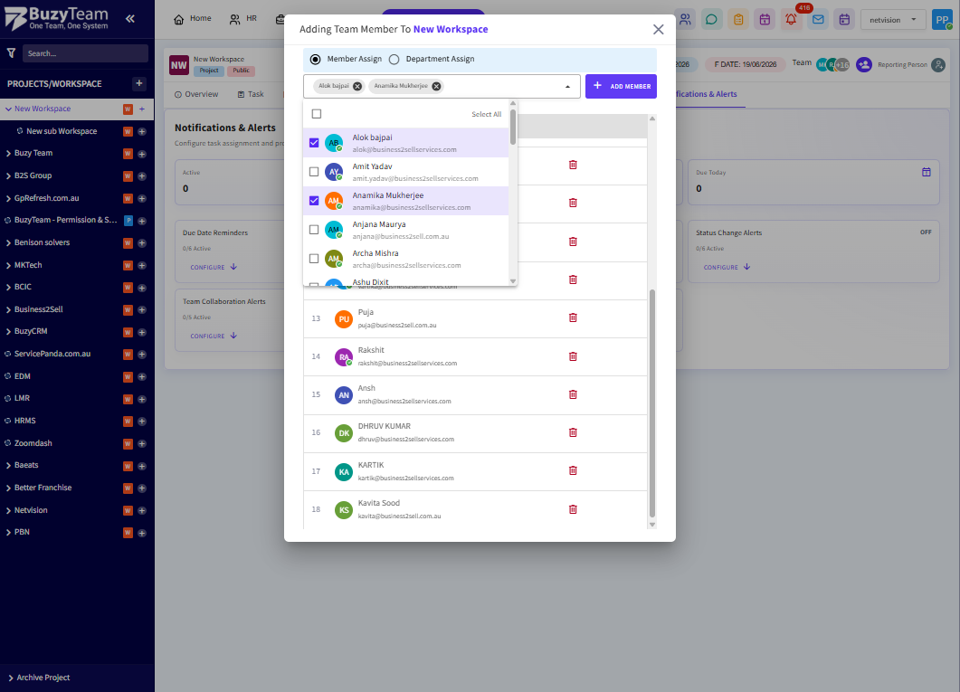 A. Tick the checkbox beside the required employee names to select users you want to assign into the workspace.