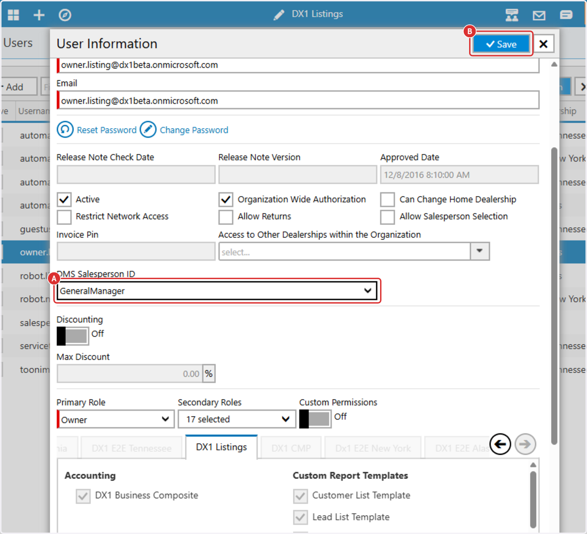 Choose the DMS Salesperson ID and save the user record