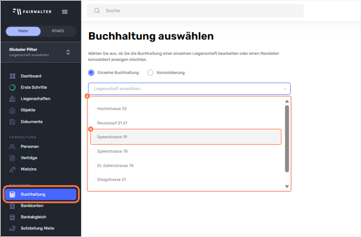 A. Navigation
B. Select Liegenschaft auswählen...